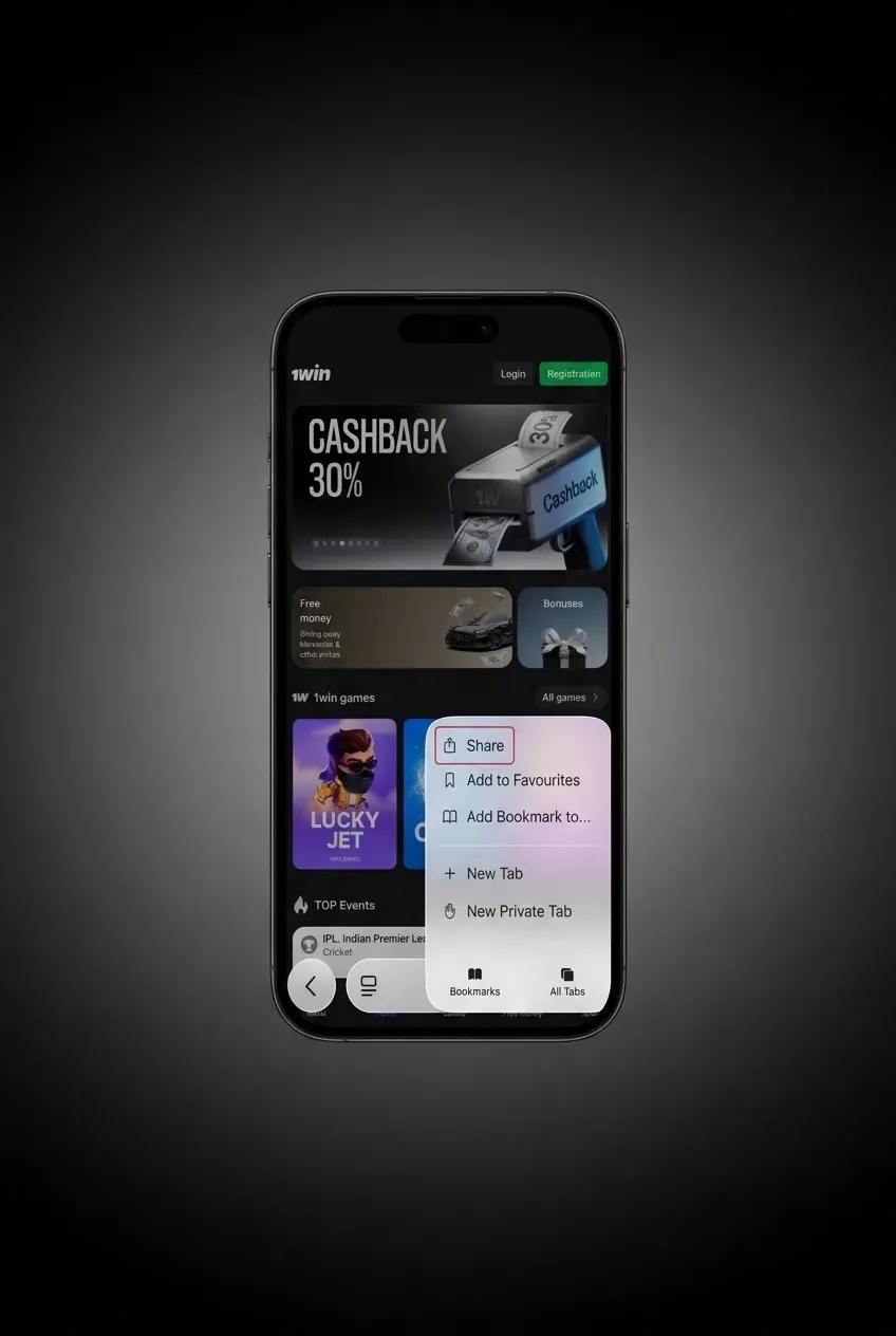 1win PWA installation steps on Safari showing Share icon and Add to Home Screen option for iOS users