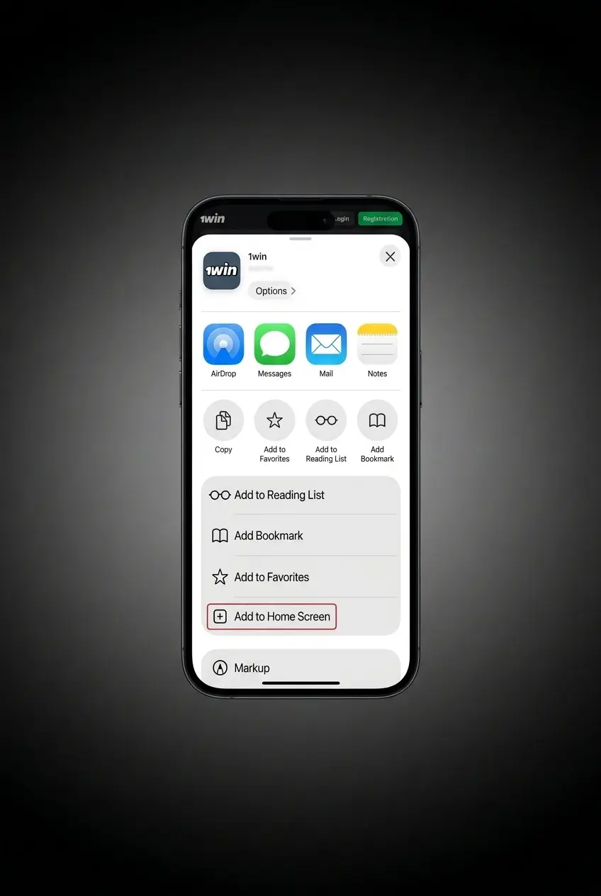 1win PWA app installation steps on Safari showing Share icon and Add to Home Screen option for iOS users