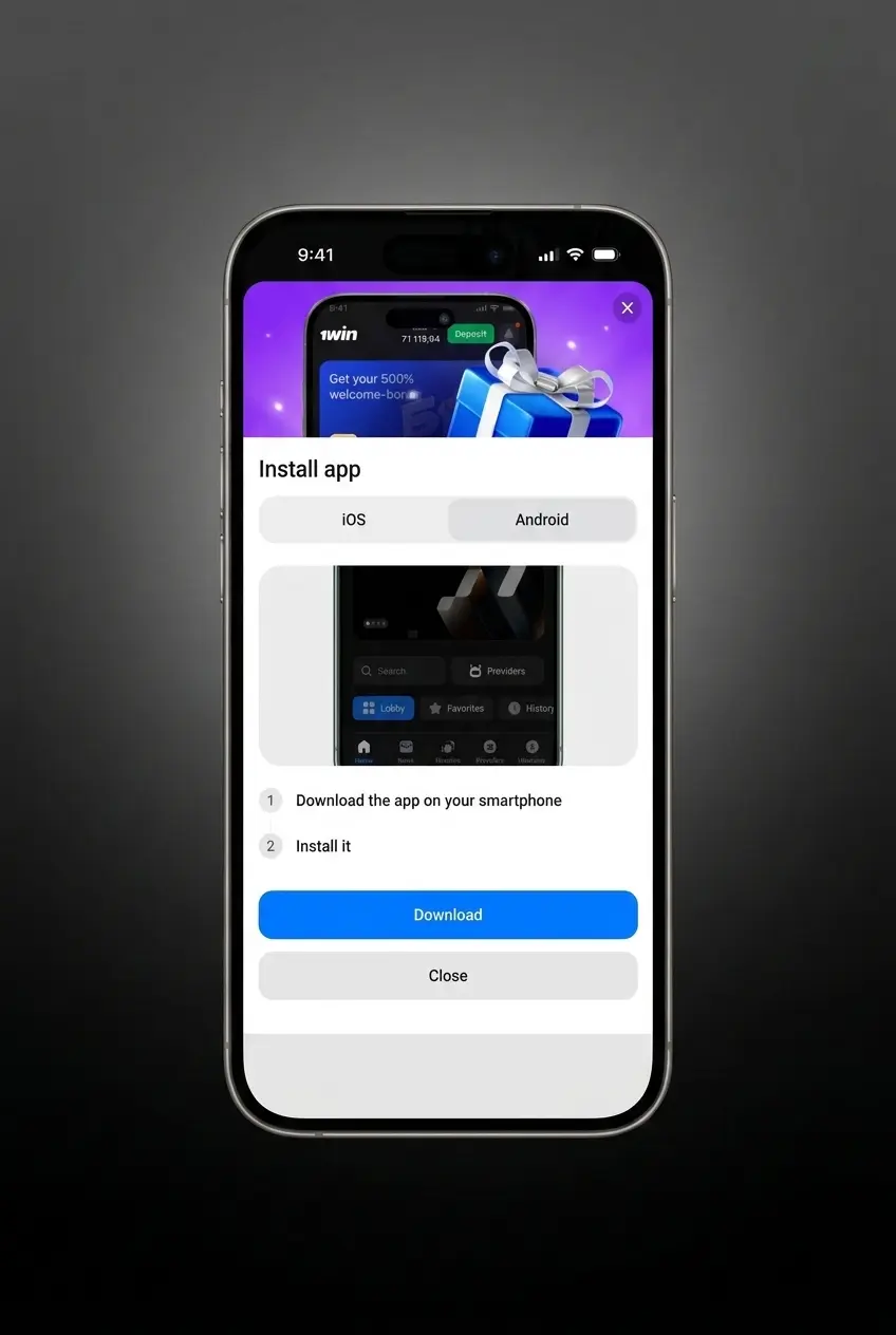 1win APK download for Android in 3 steps: tap Download App, confirm download, install from unknown sources