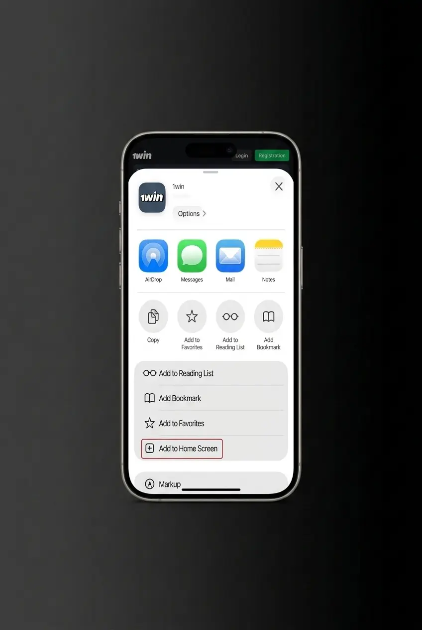 5-step guide to download 1win PWA app on iOS via Safari, showing login, share menu, and Add to Home Screen steps