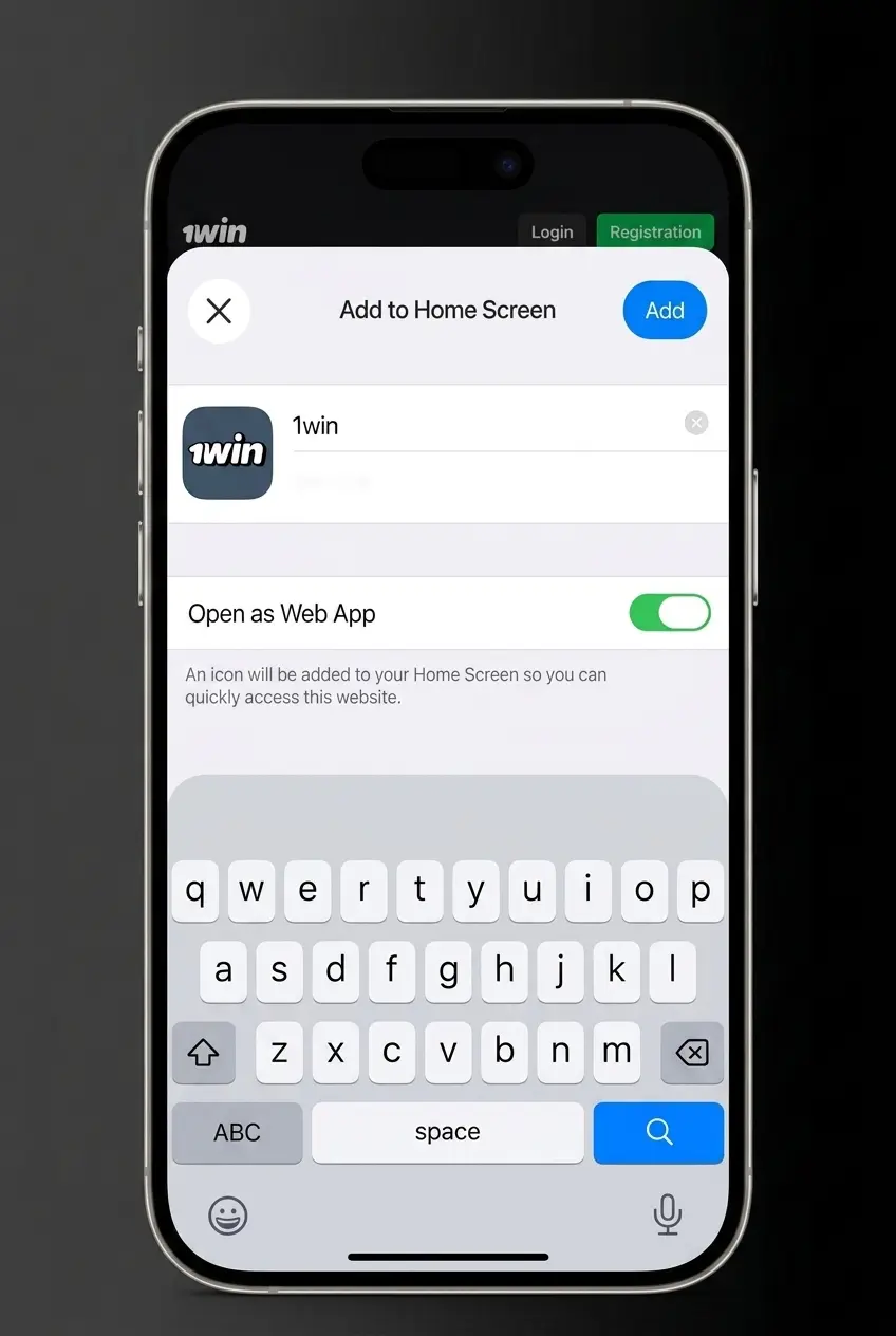 5-step guide to download 1win PWA app on iOS via Safari, showing login, Share icon, and Add to Home Screen steps