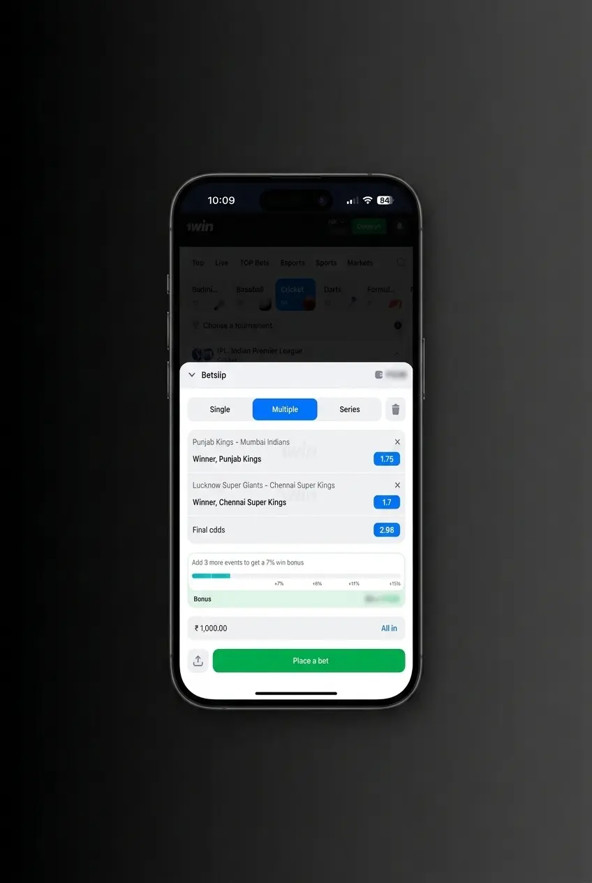 Enter your stake in 1win bet slip
