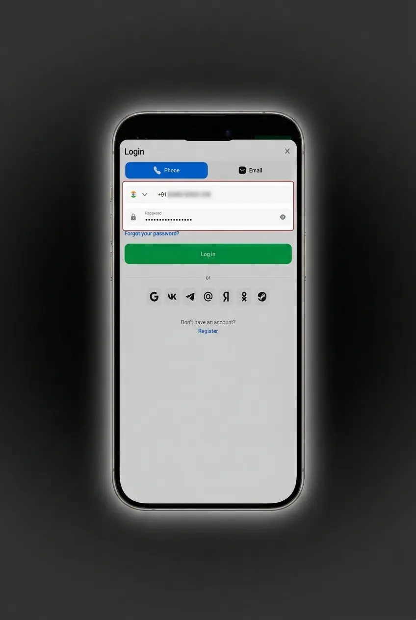 Step-by-step guide showing how to login to the 1win app using email or mobile number and password