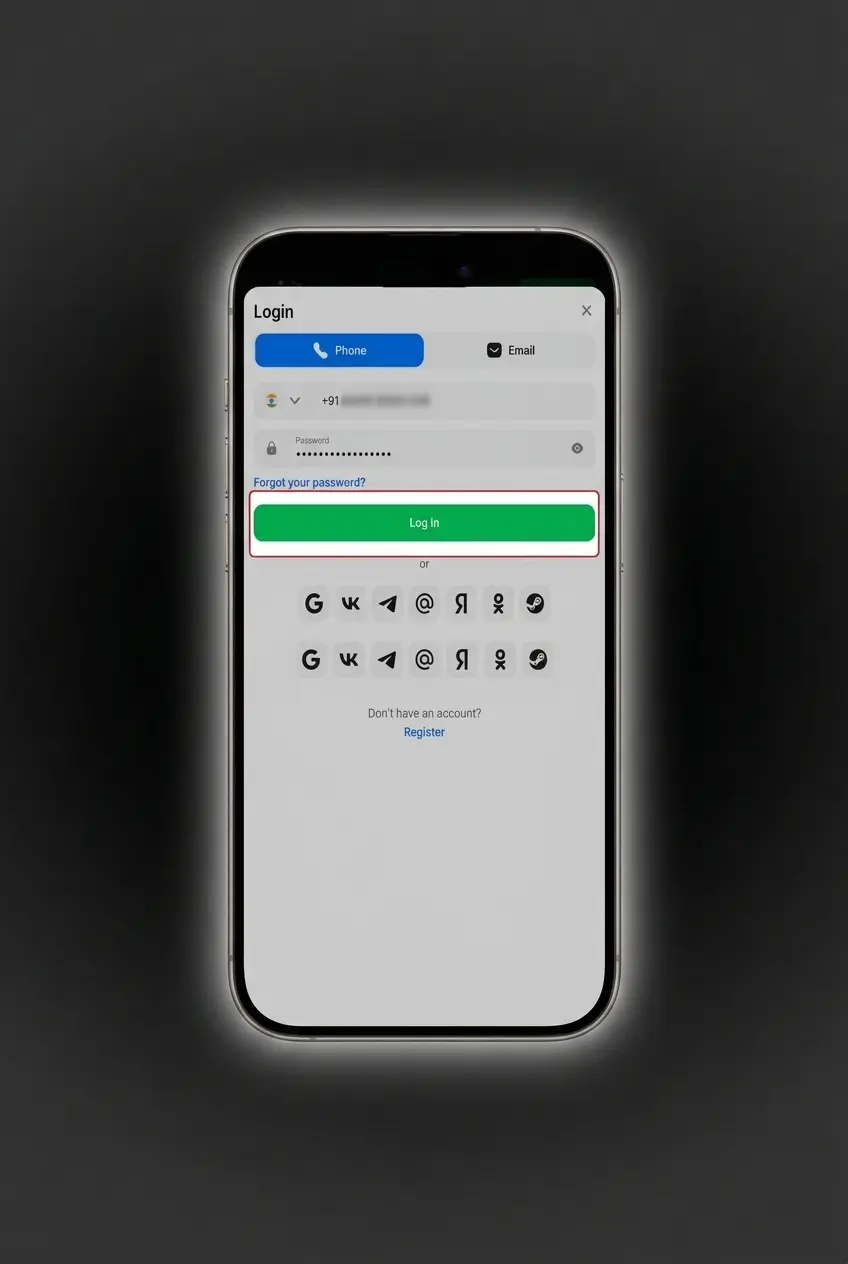 Step-by-step guide showing how to login to the 1win app using email or mobile number and password