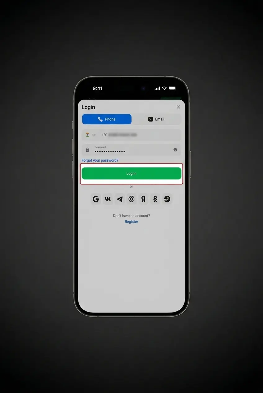 1win app login screen showing step-by-step sign-in process on mobile device display