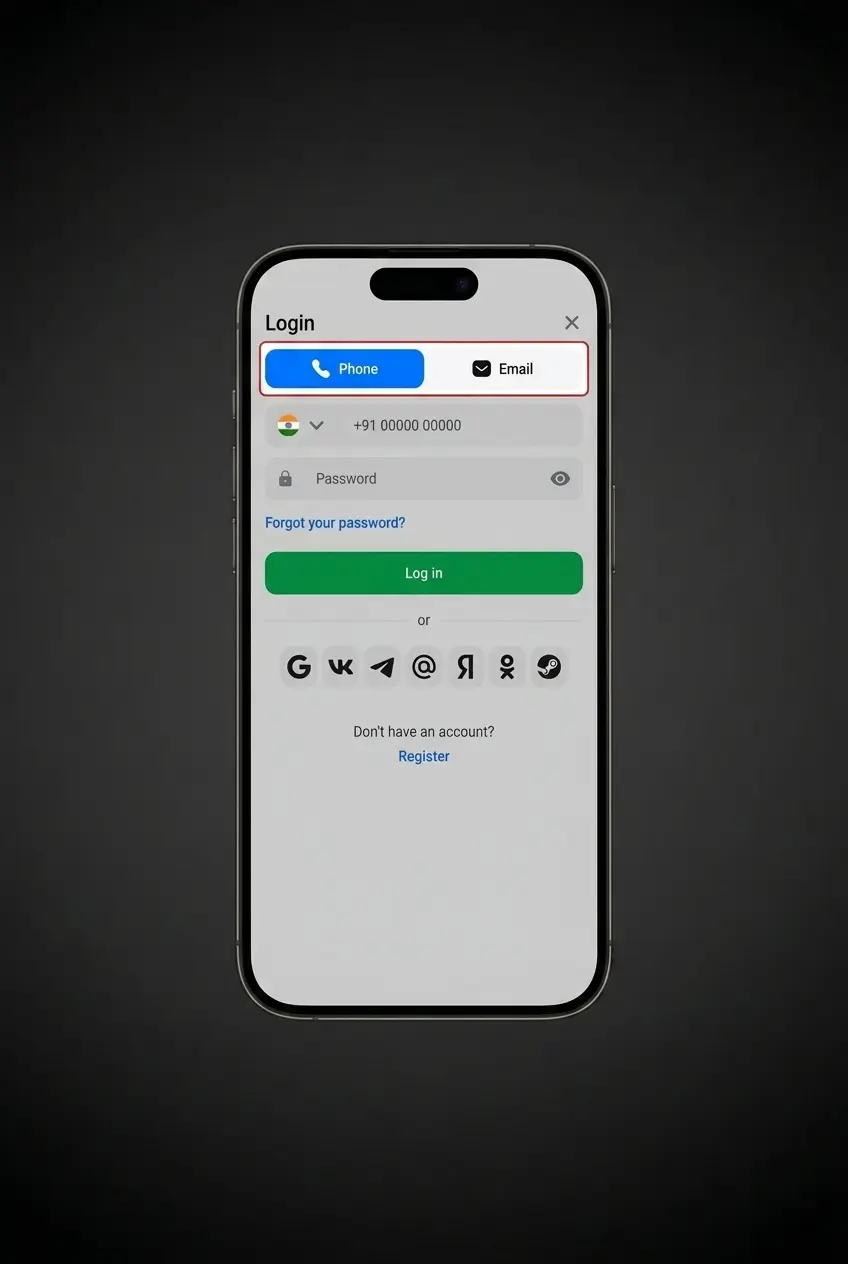 1win mobile app login screen