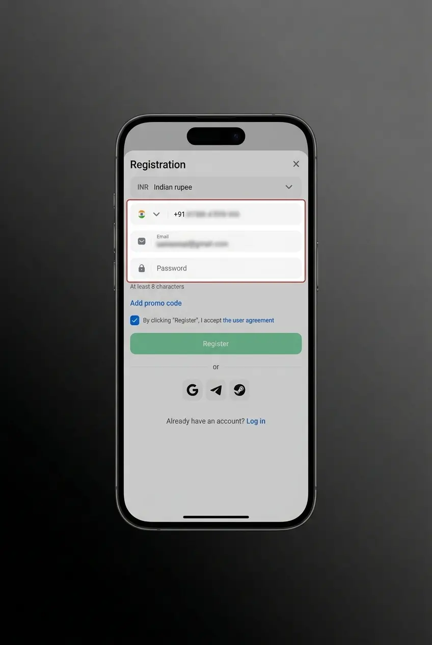 1win app registration screen showing sign-up options by phone, email, or social media for Indian users