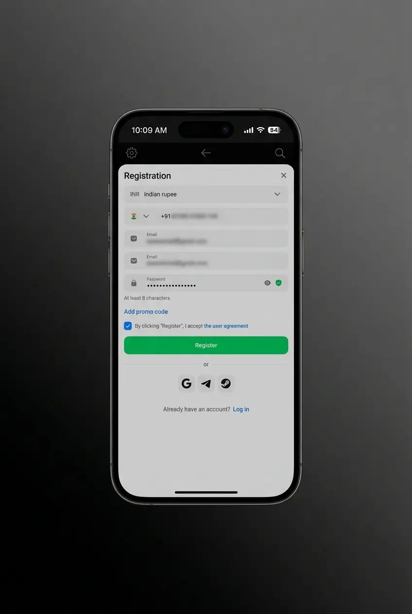 1win app registration screen showing sign-up options including phone, email, or social media for Indian users